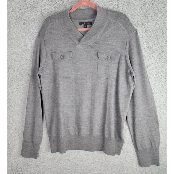 Marc Anthony Mens Sweater XL Merino Wool Blend Gray Light Button Patch Pockets - Picture 6 of 13